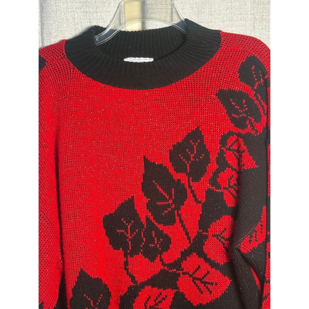 Vintage Arielle Red Black Leaf Knit Sweater Lurex Metallic Made in USA Womens
